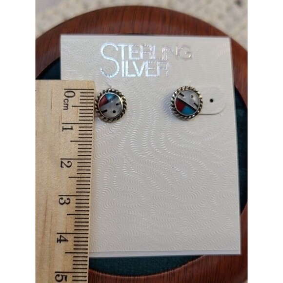Sterling Silver Turquoise Native Post Earrings – Round Inlay Studs, Southwest - Picture 3 of 4
